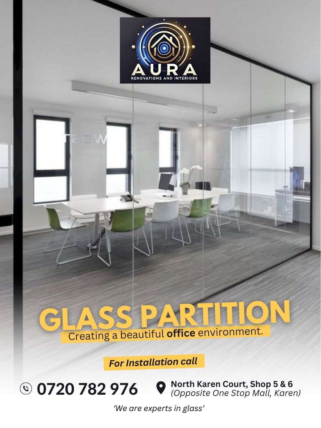Modern office glass partition systems installed in a contemporary corporate office by Aura Renovations and Interiors.