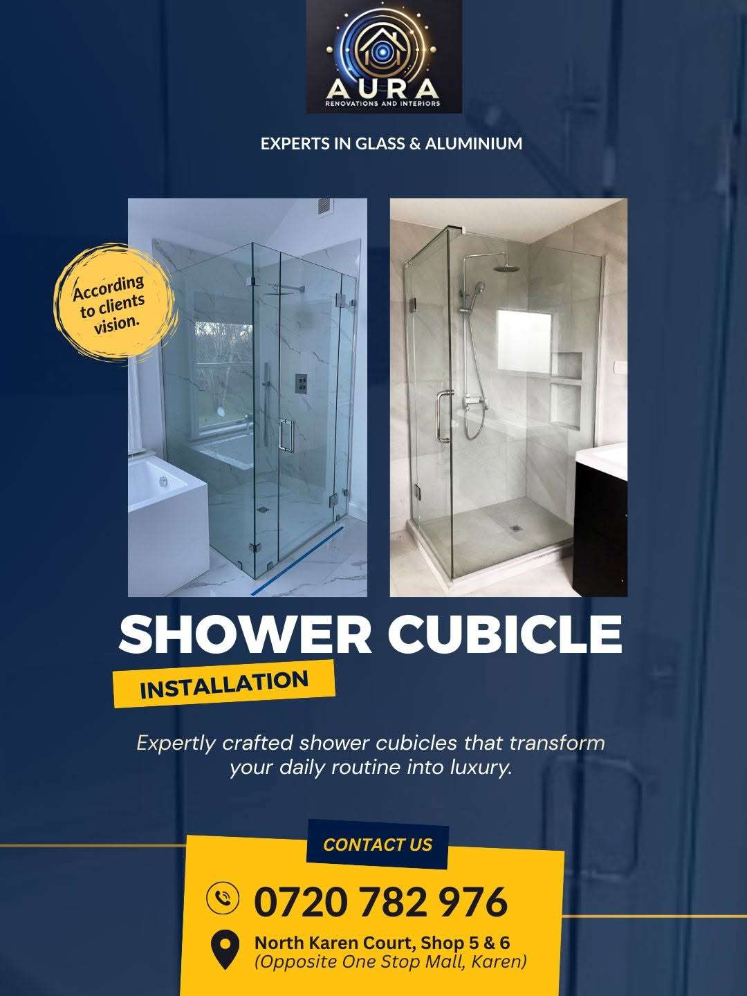 Modern frameless glass shower cubicle professionally installed in a luxury bathroom by Aura Renovations and Interiors.