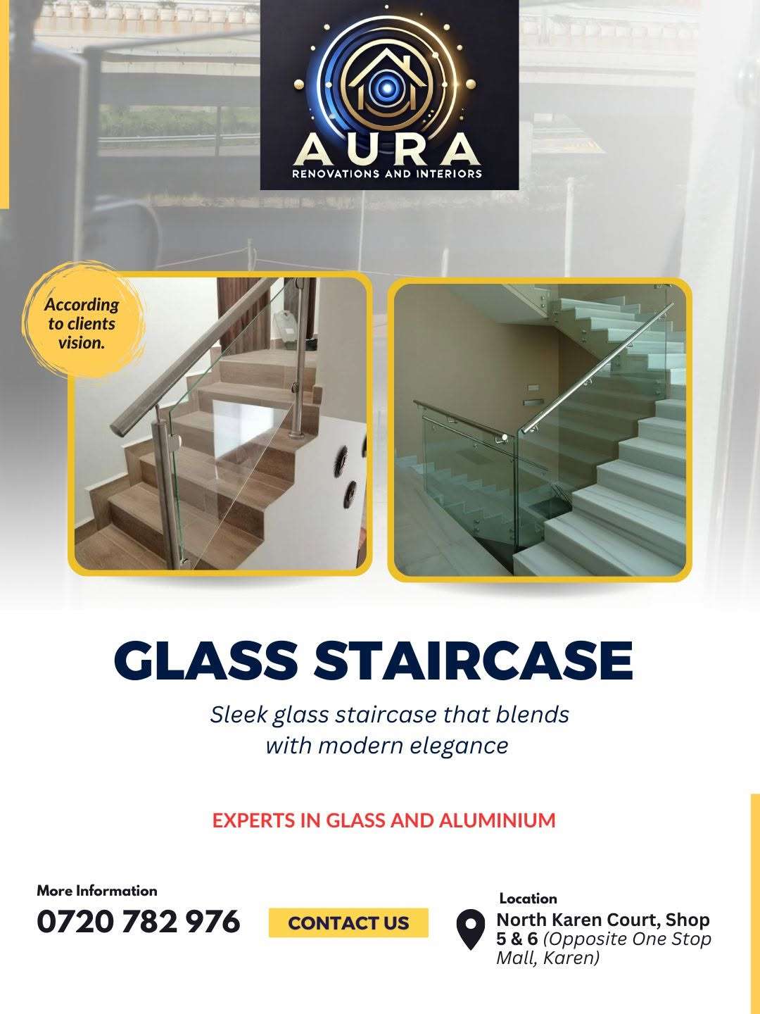Contemporary modern glass staircase design with tempered glass balustrades installed by Aura Renovations and Interiors.