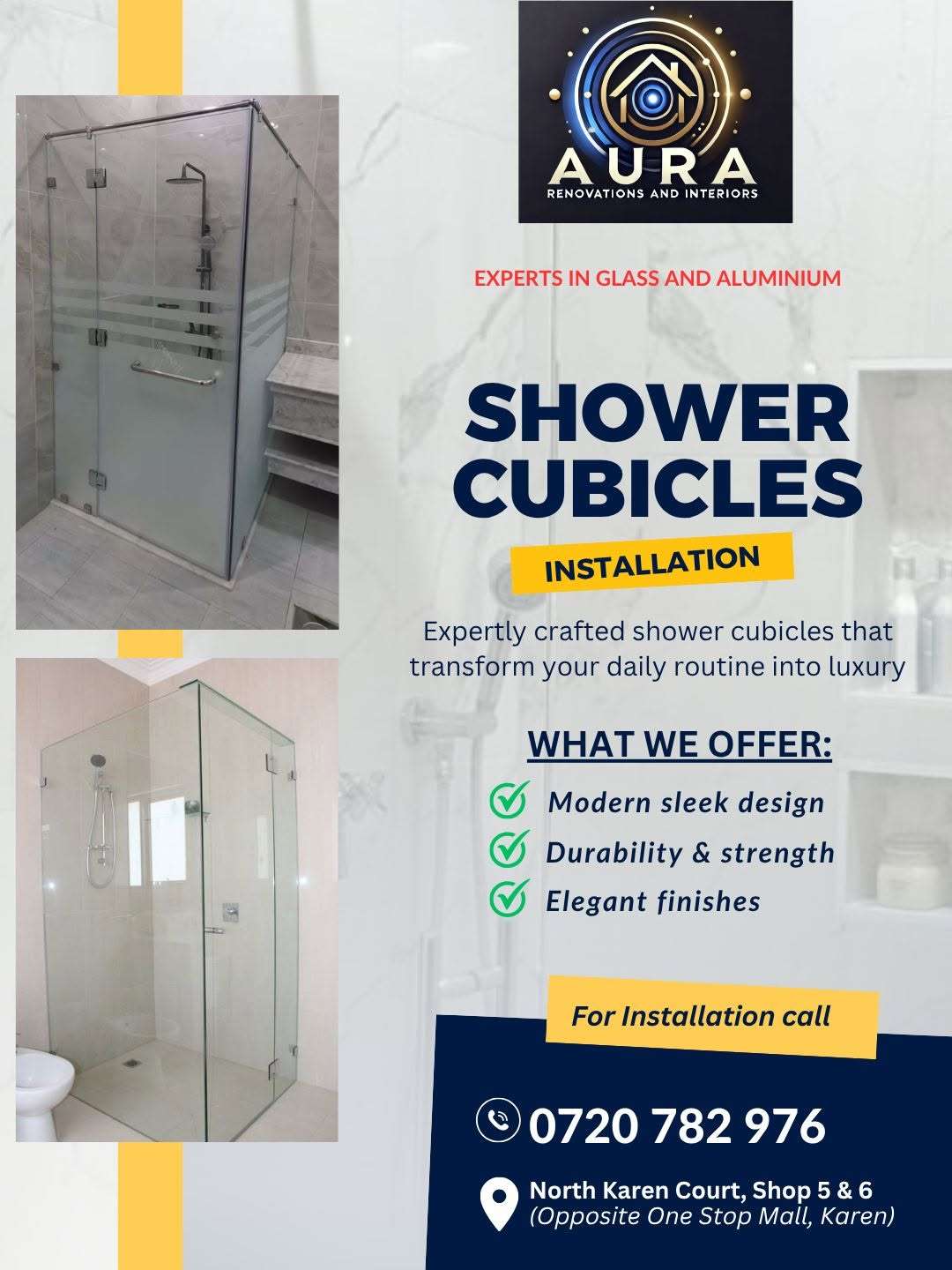 Modern frameless glass shower cubicle professionally installed in a luxury bathroom by Aura Renovations and Interiors.