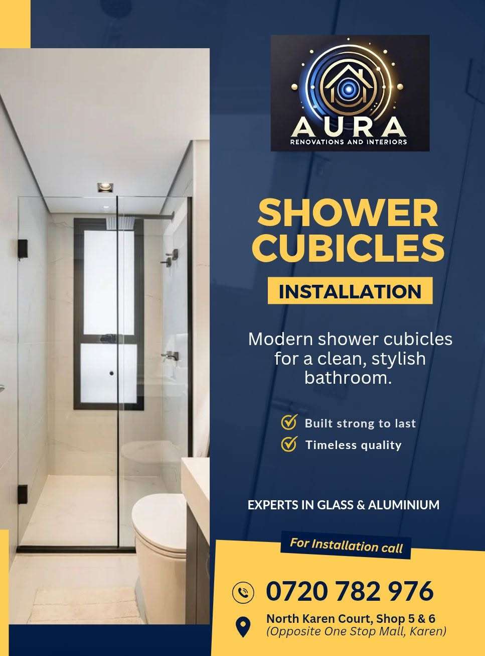 Modern frameless glass shower cubicle professionally installed in a luxury bathroom by Aura Renovations and Interiors.
